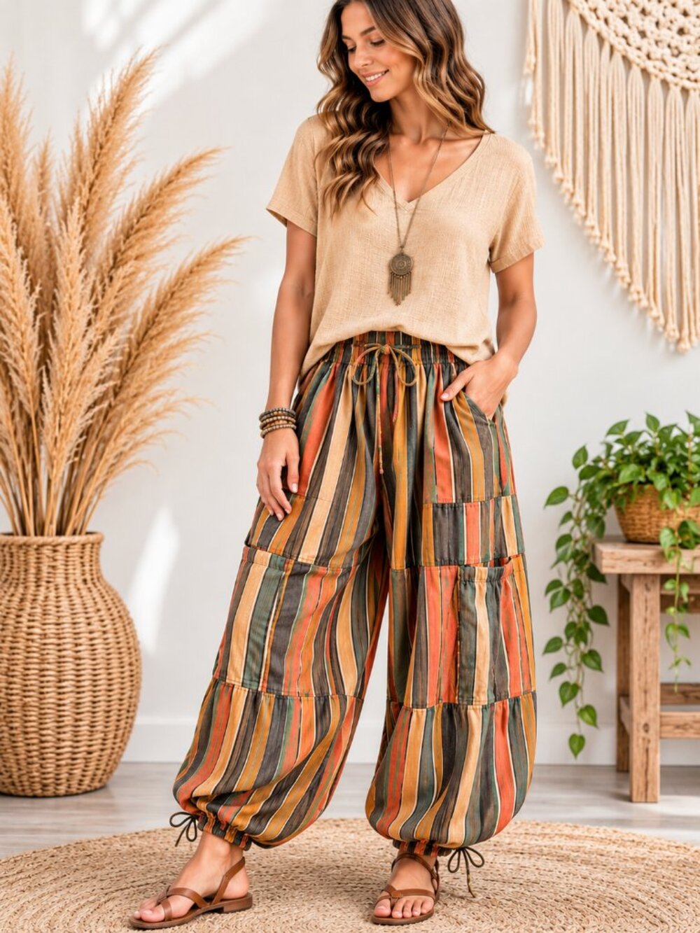 Blue Velvet Striped Wide Leg Cargo Pants Orange Brown Boho Medium NWT